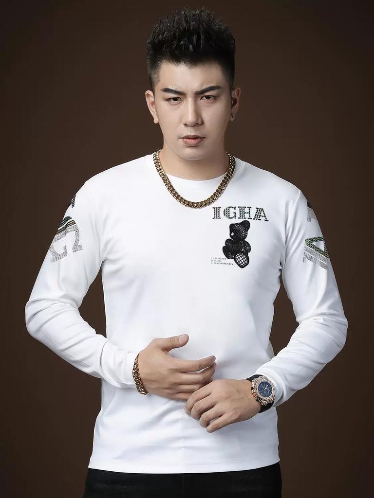 European-Style Long-Sleeve T-Shirt for Men, Autumn Round-Neck Tee, 2025 New Trendy Brand Bear Print Top, Men's Base Shirt