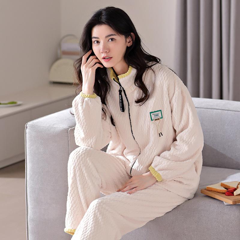 Autumn and winter pajamas women's coral fleece fleece warm simple casual carved flannel outerwear loungewear suit winter