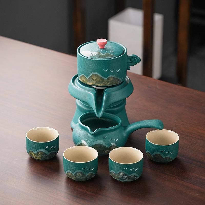 New Chinese coarse pottery Guochao Qingshan semi-automatic tea set Lazy stone mill portable tea making set Household tea set