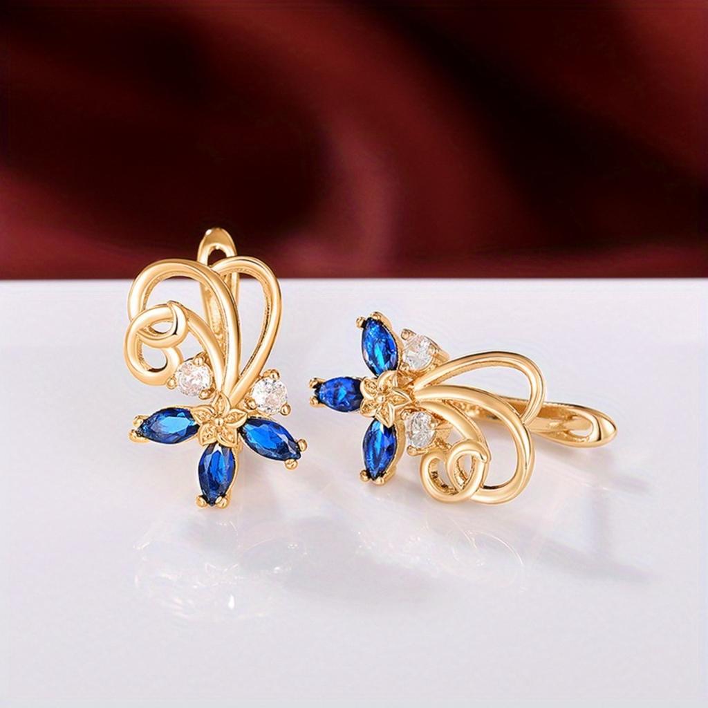 Rose Gold Blue Flower Drop Earrings for Women Elegant Marquise Cut Gemstone Butterfly Hoop Earrings Fashion Jewelry for Party Daily Wear