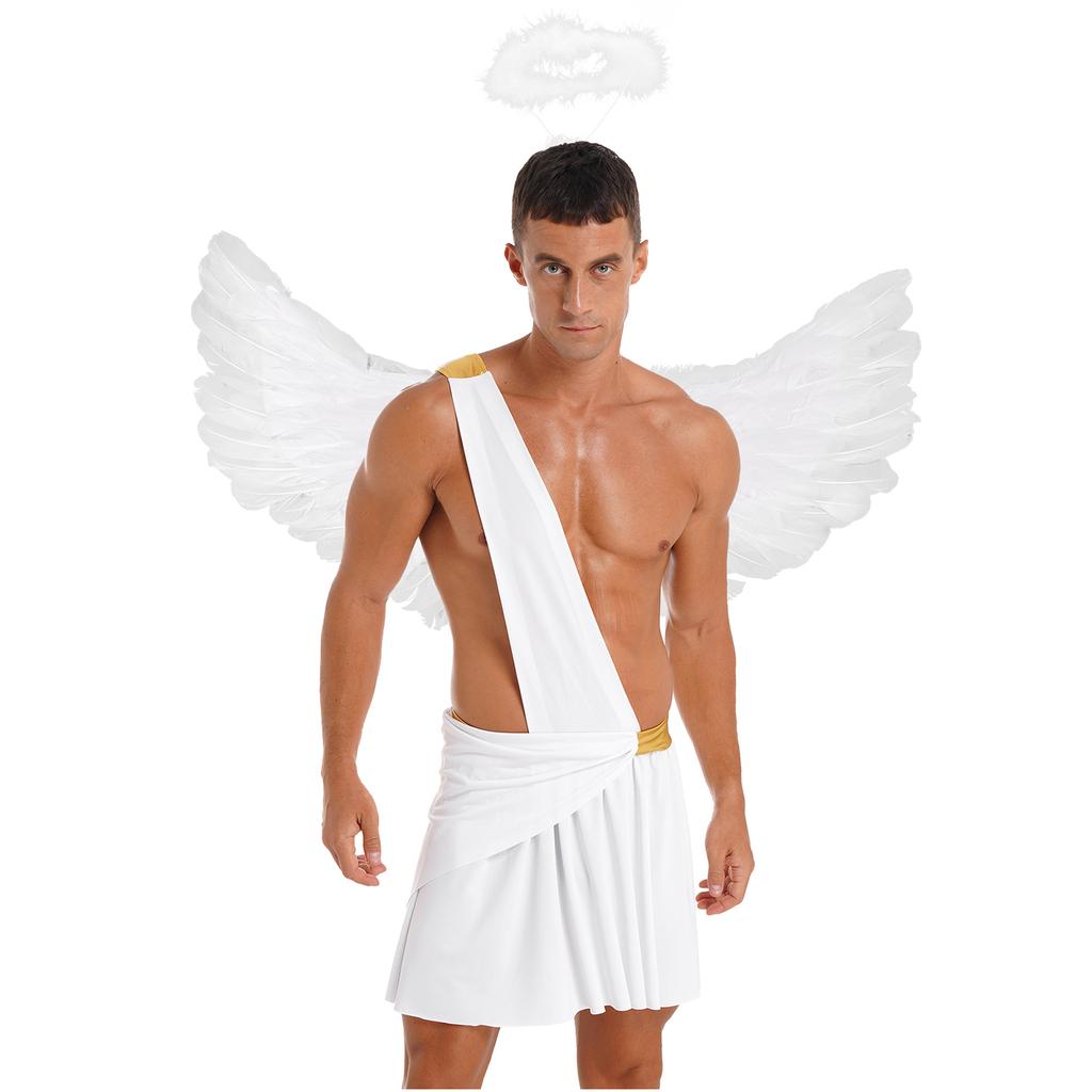 Mens Halloween Angel Costume One Shoulder Strap Ruffle Skirt Feather Angel Wings Hair Hoop Set