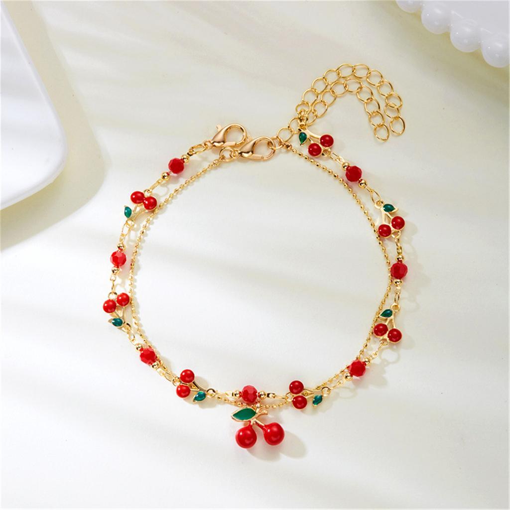 Vintage Inspired Cherry Charm Bracelet Adjustable Bohemian Style Cubic Zirconia Clavicle Chain For Casual Or Party Wear