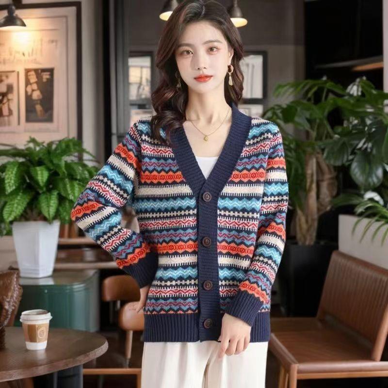 

Полосатый кашемировый кардиган женский с V-образным вырезом, повседневный, толстый, новый, весенний, новый, ретро, жаккардовый, шерстяной свитер, вязаная куртка 3XL тёмно-синий