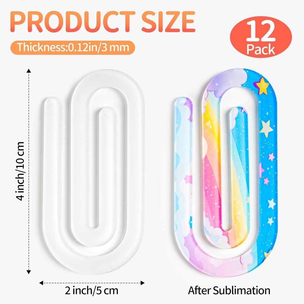 12 Pcs Sublimation Paper Clips Blanks Jumbo, 4x2 Inch Jumbo Paper Clips Clear for Heat Transfer DIY Design, Acrylic Sublimation Blanks for Crafts,