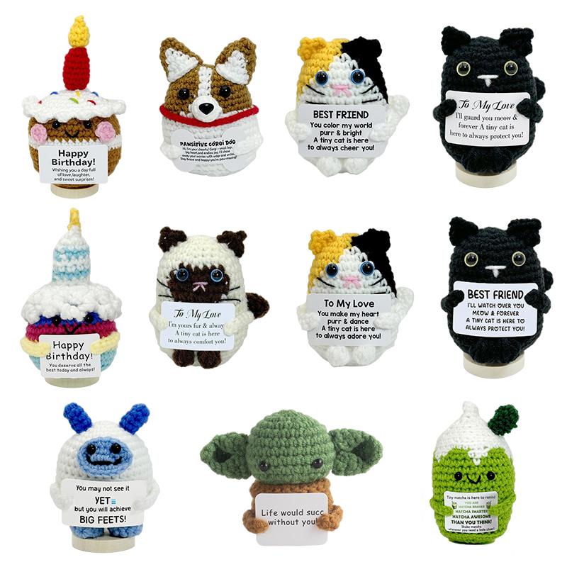 Positive Figures Crochet Doll Ornaments with Cards Funny Gifts Positive Energy Knitted Animals Craft Desktop Car Interior Decor