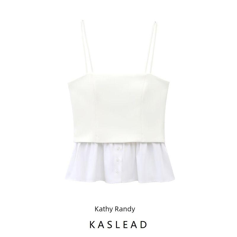 Kaslead New Arrival Women's Clothing Fashion Style Fashion Color Contrast Poplin Camisole Straight Collar Top 2140777