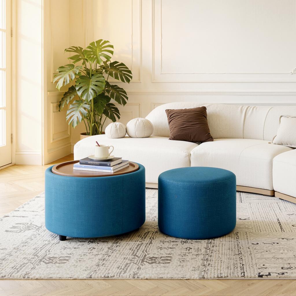 Ball & Cast 2-Piece Set Nesting Stools with Storage, Footstool with Linen Cover and Wood Tray, 58 cm Round Coffee Table & Bench, Blue