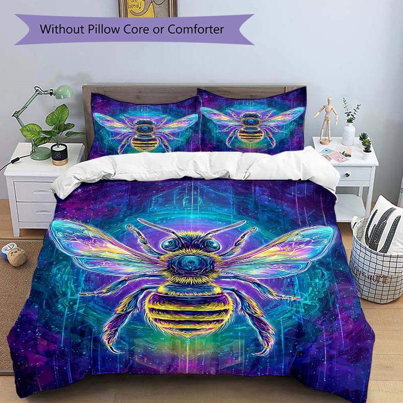 3pcs Neon Bee Print Duvet Cover Set, Cover For Bedroom Guest Room (1 Duvet Cover + 2 Pillowcase, Without Quilt),  yy250922152