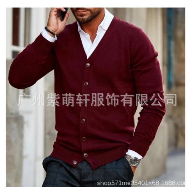 Mens Solid Color V Neck Long Sleeve Casual Knit Cardigan Sweater