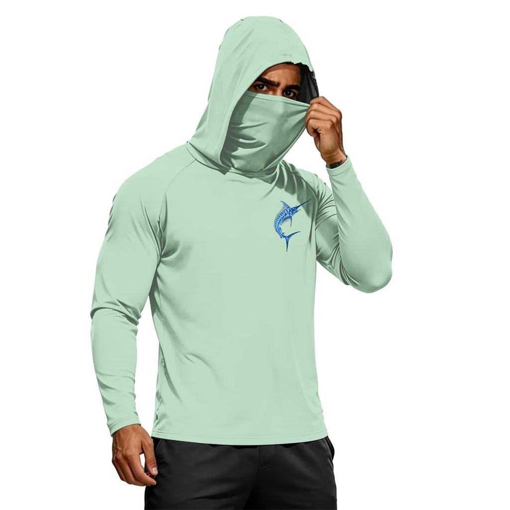 Men's Summer Hawaiian Print Quick Dry Long Sleeve T Shirt Ice Silk UPF50 Plus Sun Protection Hooded Sports Fitness Outdoor Top