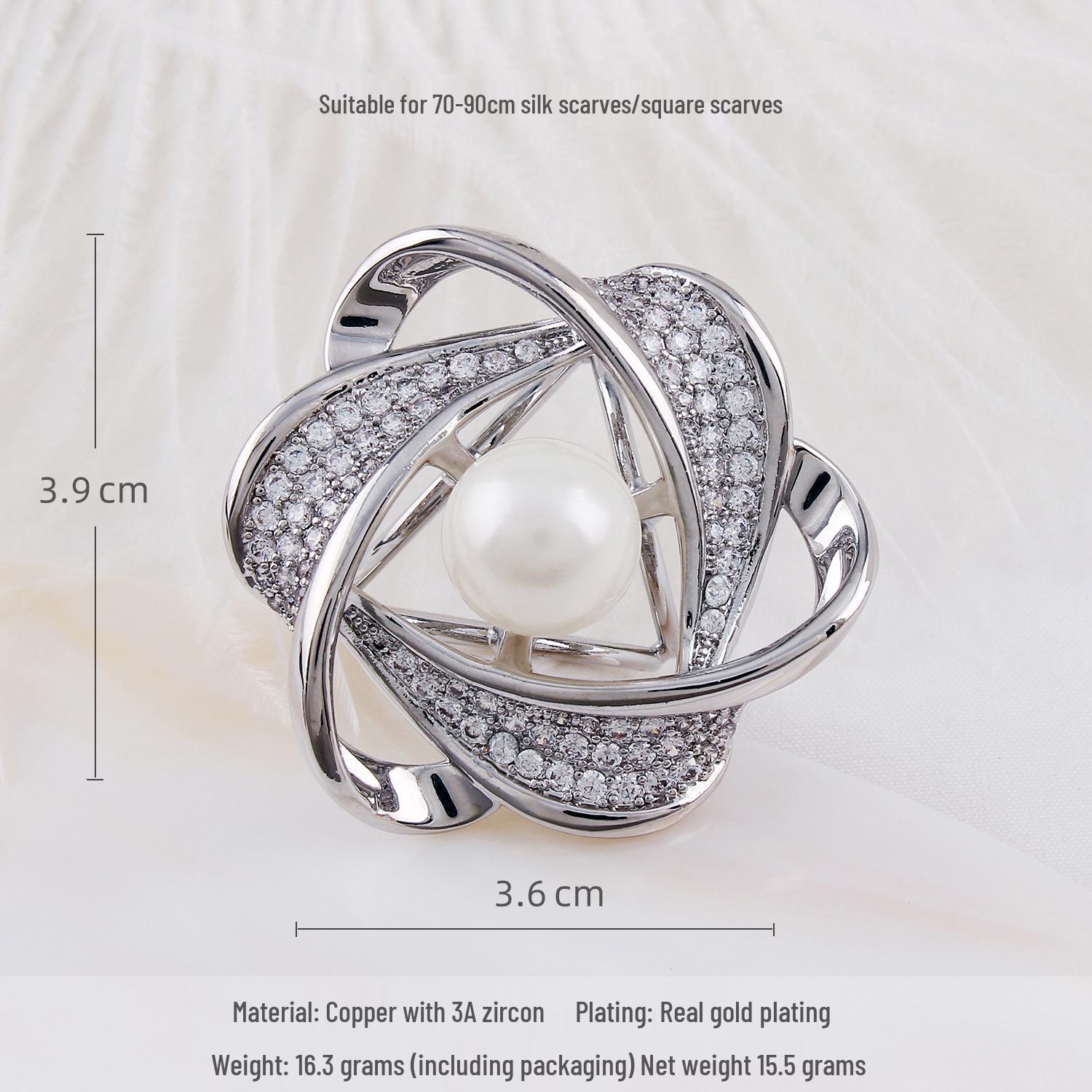 Autumn High-End Zircon Inlaid Spiral Pearl Three-Ring Silk Scarf Buckle for Women