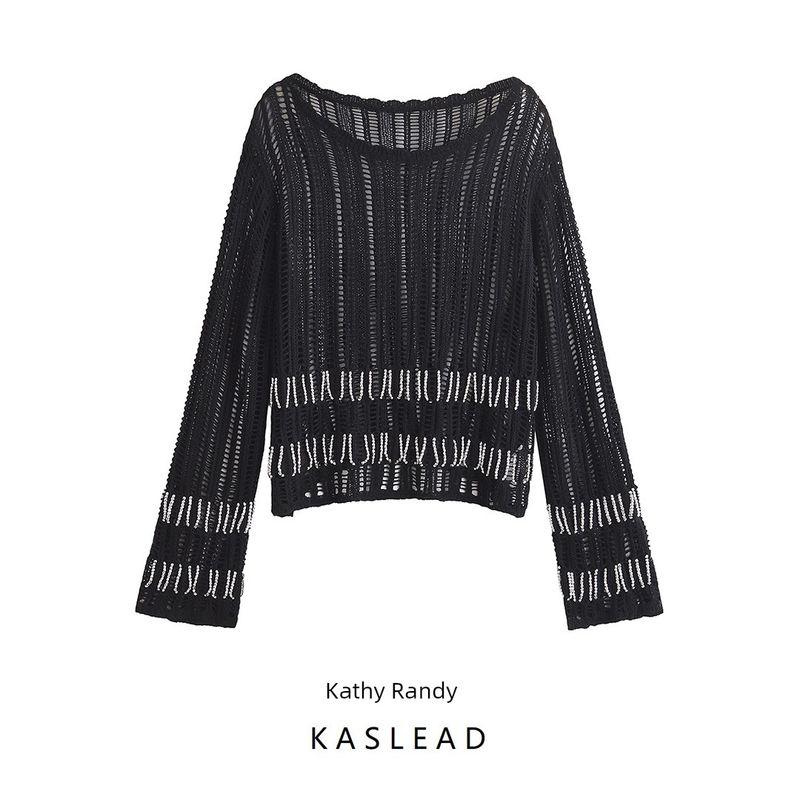 Kaslead New Arrival Women's Fashion Style Cut Out Beaded Mesh Plain Weaving Knitting Tops 4813808