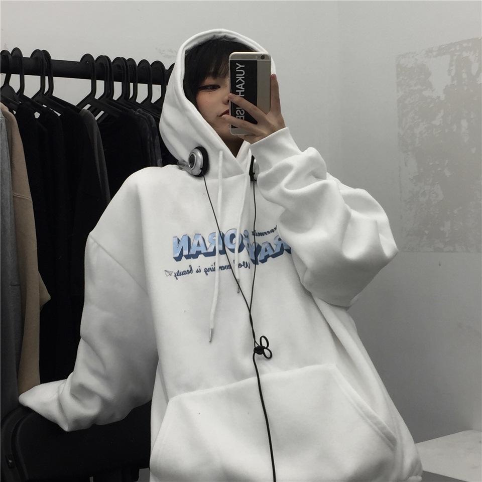 Ladies Letter Print Hooded Hoodie Women's Autumn Winter New Loose Oversize Plush Sweatshirt Pullover Tops for Couple Outfit
