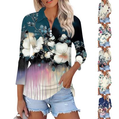 Γυναικείο Μόδα Casual Πέτο 3/4 Μανίκι Πουκάμισο με Πρίνα Γυναικεία Τοπ με Κουμπιά