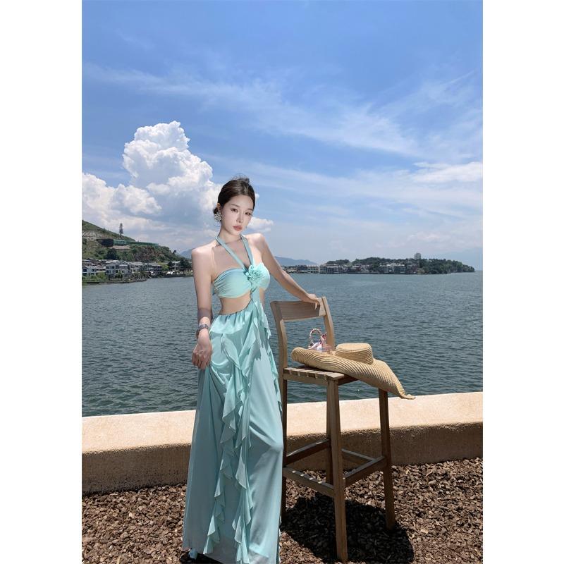 

French Fairy Lotus Leaf Edge Chiffon Suspender Dress Women s Summer Sexy Waist Tube Top Island Vacation Dress S мятный зеленый