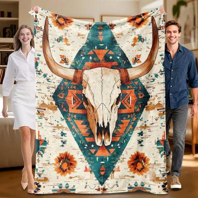 1 Stück Flaneldecke mit Western-Totenkopfmuster, beige mit orange und blau, weich, geeignet für Sofa, Bett, Büro, ganzjährige Nutzung.