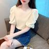 Women Shirts Office Lady Fashion Chiffon Tops Round Collar Sweet Short Puff Sleeve Blouse Solid Color Summer Clothes 27487