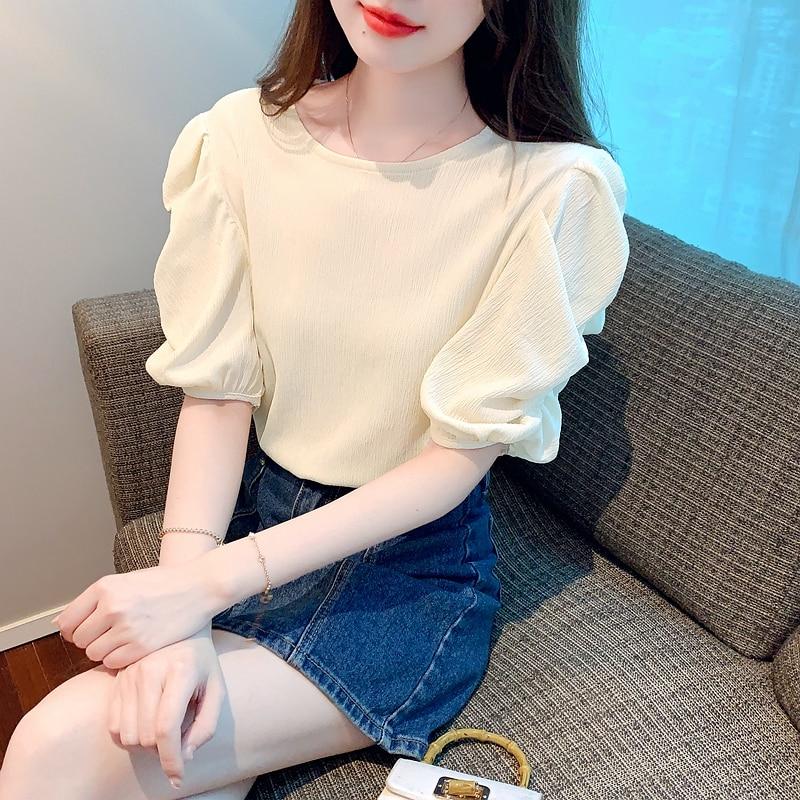 Women Shirts Office Lady Fashion Chiffon Tops Round Collar Sweet Short Puff Sleeve Blouse Solid Color Summer Clothes 27487