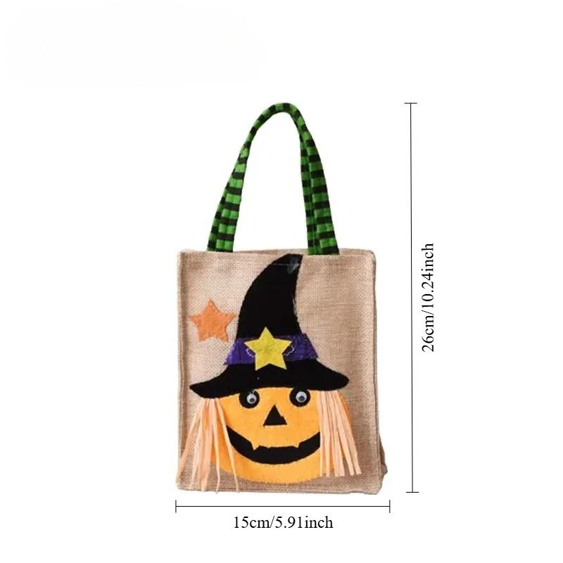 Halloween Linen Candy Bag Pumpkin Witch Black Cat Skull Handbag Kids Trick or Treat Gift Tote Bag Halloween Party Decor