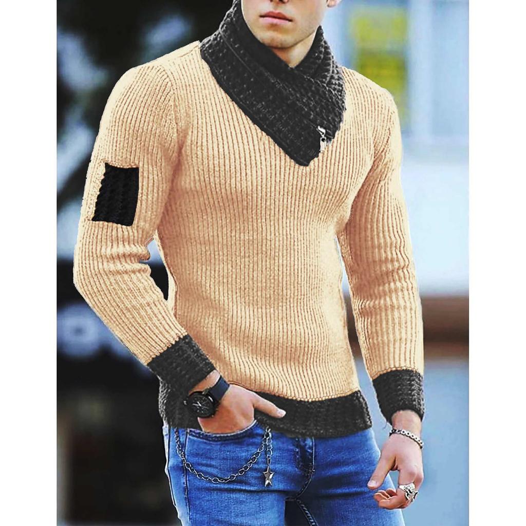 Men's Casual Solid-color Patchwork Style Long-sleeved High-neck Sweater, Men's Fitted Knitted Pullover, Scarf Collar Sweater