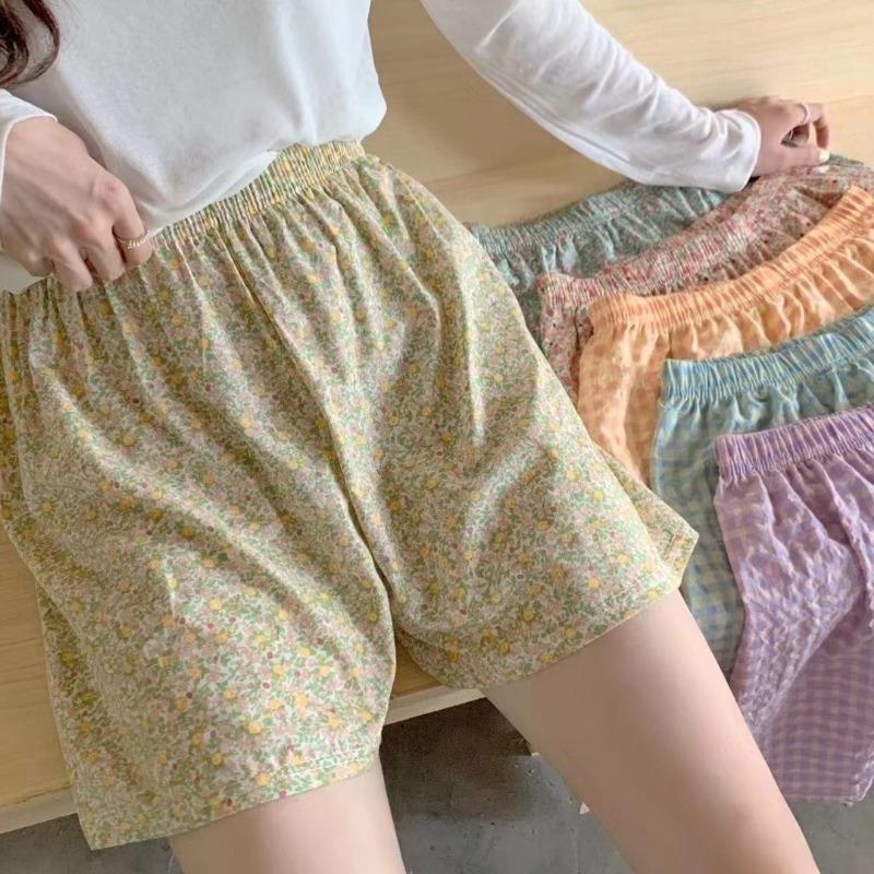 Summer Home Checkered Small Floral Shorts Thin Fresh Sports High Waist Thin Wide Leg Loose Casual Pajama Pants Women