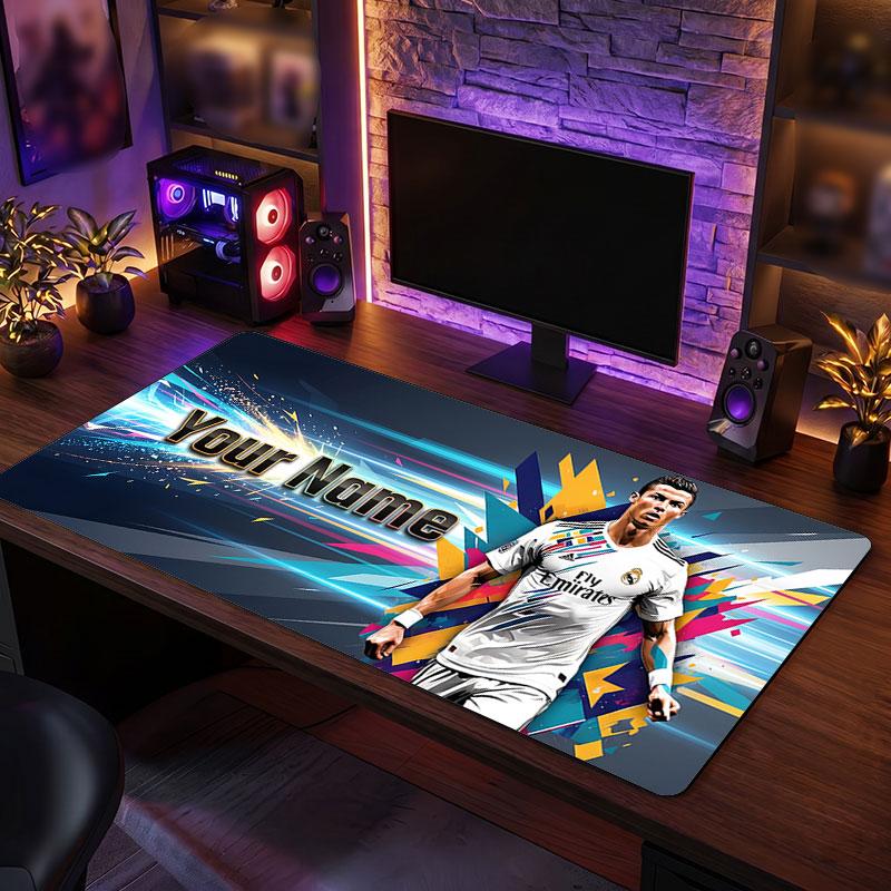 Cristiano Ronaldo Custom Large Mouse Pad, Personalized Name Text Print, Football Logo Non‑Slip Desk Mat Gaming Gift