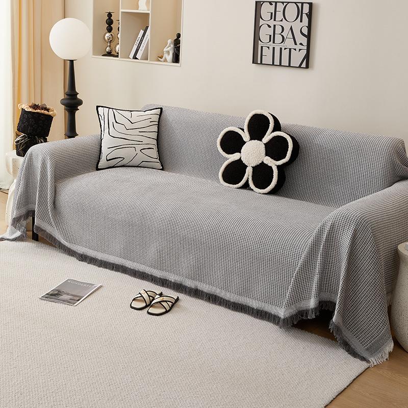 Ins Minimalist Soft Cotton Yarn T-Grid Sofa Throw One-Piece Sofa Mat Machine Washable All-Season Full Coverage Universal Sofa Cover Versatile