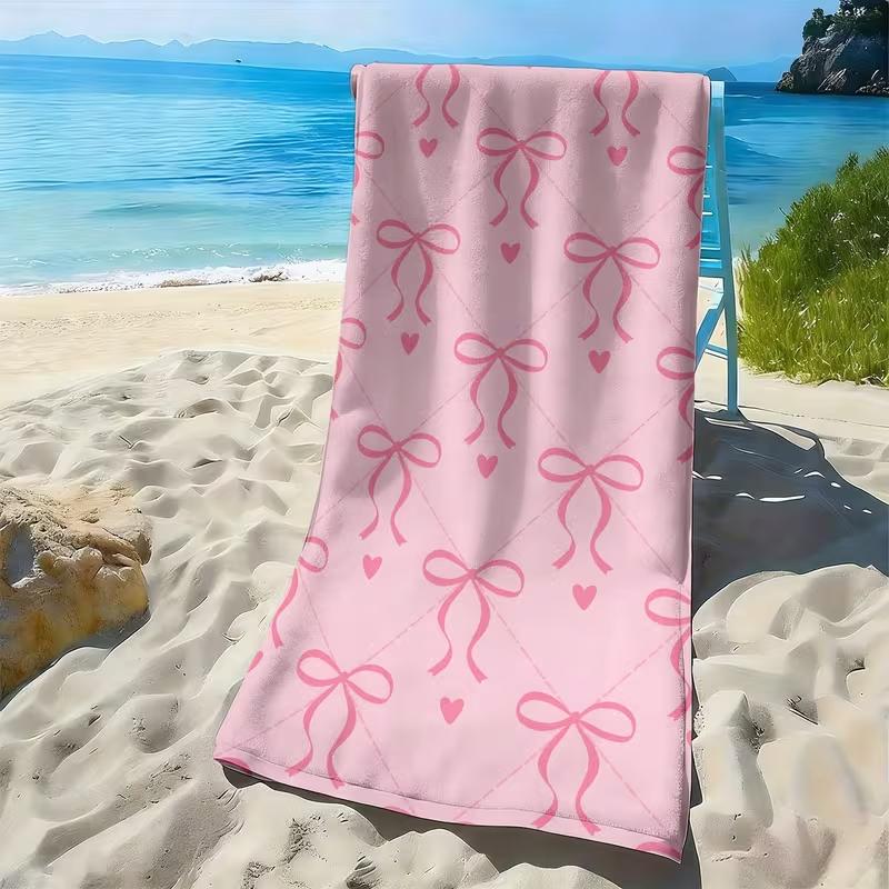 Cute Cartoon Pink Bow Print Beach Towel Kawaii Star Heart Pattern Towel Soft Absorbent Quick Dry Beach Blanket
