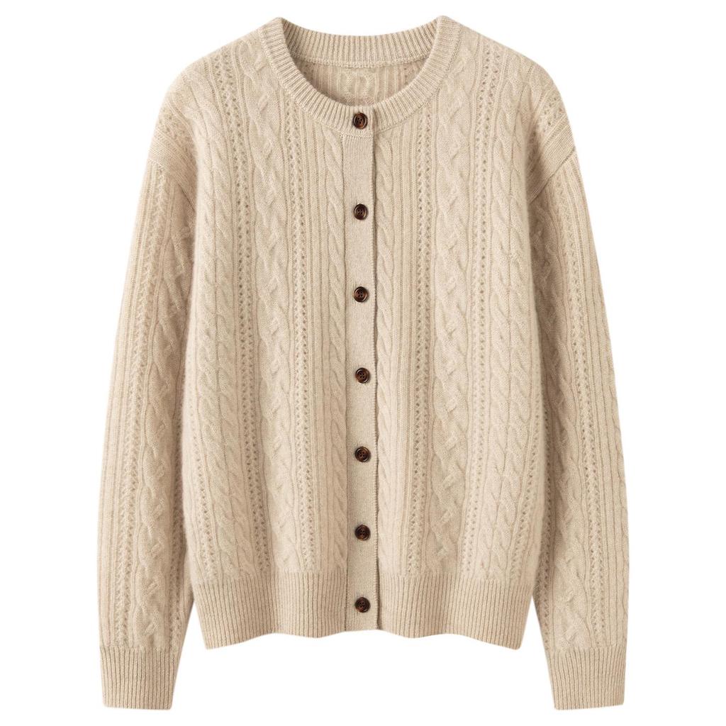 Women's Thickened Hollow-Out Cashmere Cardigan, Round Neck, Button-Up, Long Sleeve Wool Outerwear with Drop Shoulders.