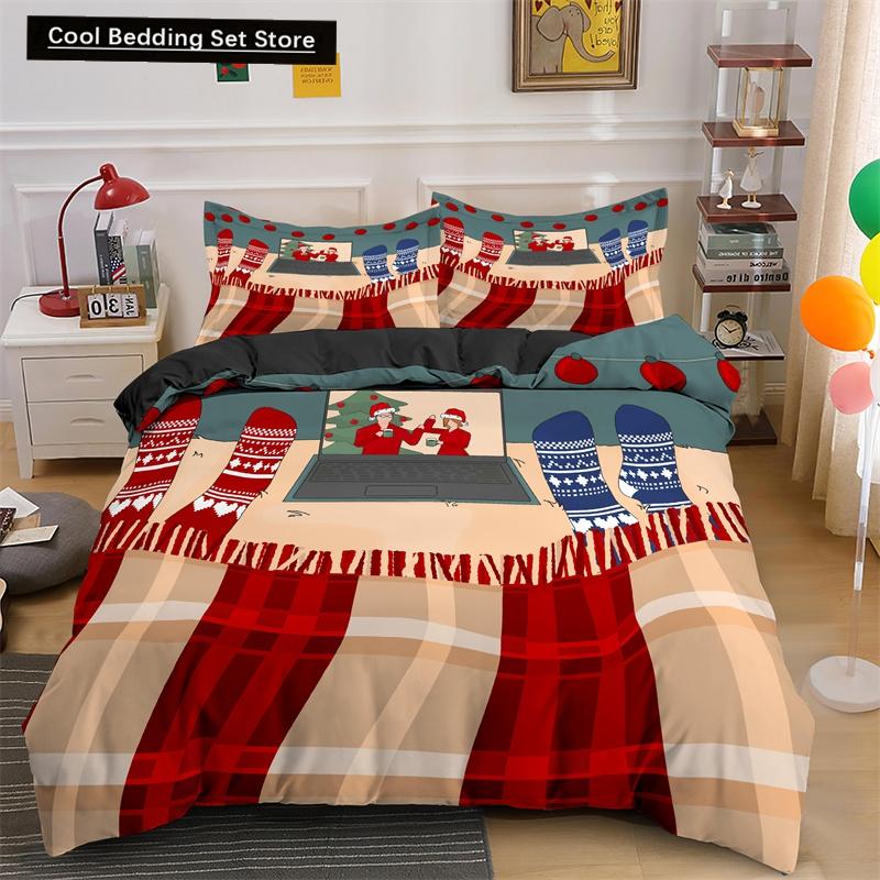 Frohe Weihnachten King Queen Bettwäsche Set Weihnachtsmann Schneemann Bettdeckenbezug Weihnachtsbaum Bettbezug Rot Polyester Steppdeckenbezug