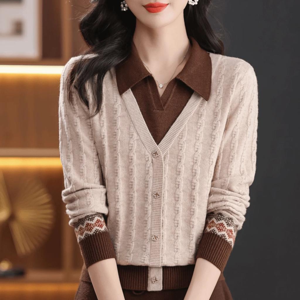 Women's POLO Sweater Pullover Knitted Cardigan Autumn and Winter Versatile Base Top for Women