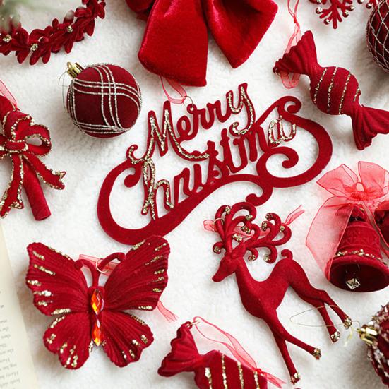 Christmas Ornaments Red Flocking Bell Wreath Snowfall Elk Pendant Snowy Winter Decor for Tree Hanging