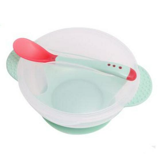 

Durable Non-Slip Suction Bowl Set: Includes Infant/Toddler Feeding Bowl, Temperature-Sensitive Spoon & Fork, and Lid. зелёный