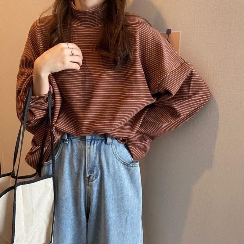 Gestreept Velours Warm T-shirt Herfst/Winter Nieuw Lange Mouw Velours Basis Shirt Damesmode Alles Passend Coltrui Top