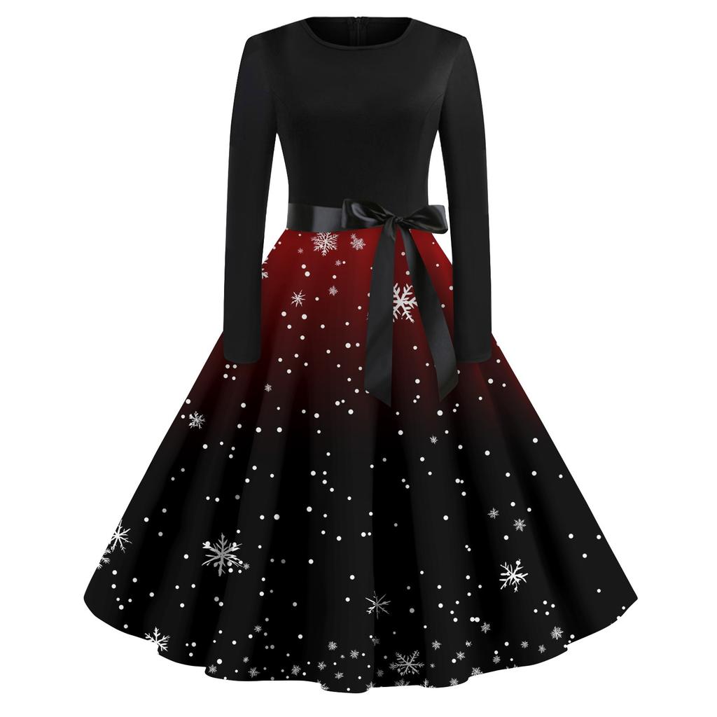 Lässiges und modisches langärmliges Kleid mit R-Ausschnitt und Schneeflocken-Print für Damen