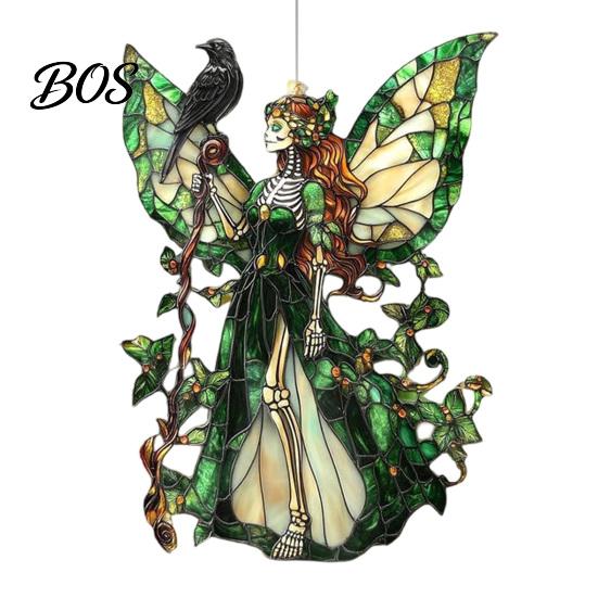 Exquisite Room Ornaments Stained Glass Style Skeleton Fairy Window Hanging Suncatcher, Acrylic Decorative Ornament with Butterfly Wings Elegant Party