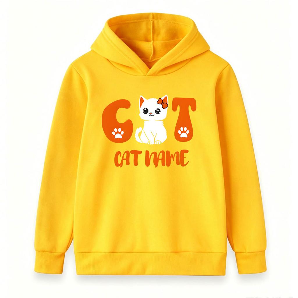 Custom Cute Cat Pattern Hoodie for Boys Girls, Personalized Cat Name Kids Pullover Hooded Sweatshirt, Casual Soft Long Sleeve Tops for Children Cat Lo
