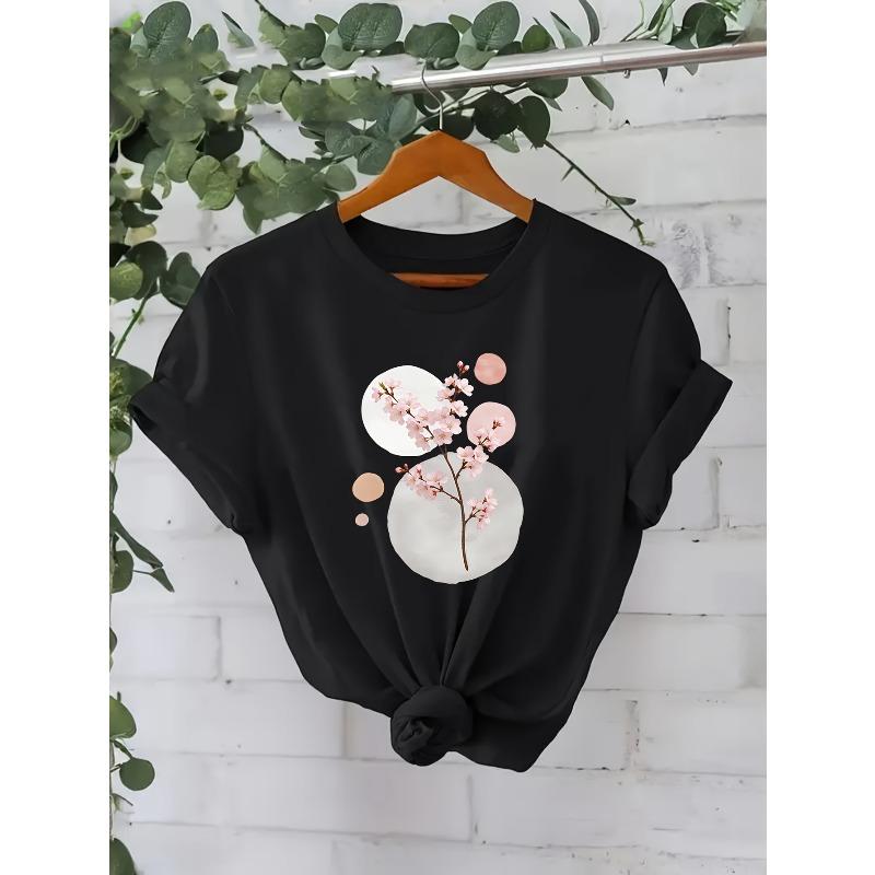 European Size Women's Leaf Print Short Sleeve T-Shirt - Casual Round Neck Blouse with Medium Stretch Fabric, Spring/Summer/Fall Wardrobe Essential,