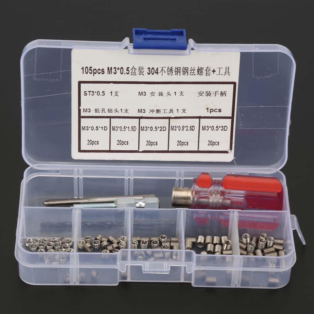 105Pcs Set Stainless Steel Wire Screw Sleeve Thread    Insert Kit Tool Set(M3*0.5)