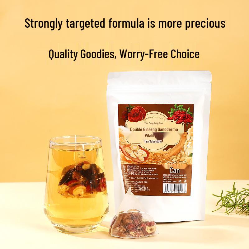 

Reishi Mushroom & Double Ginseng Vitality Tea with Red Dates and Goji Berries for Men & Women - Late Night Recovery & Qi Boost.
