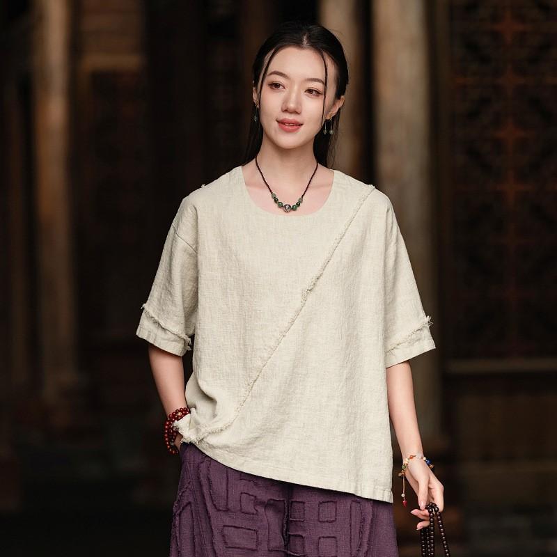 Johnature Women Vintage T-Shirts Patchwork Solid Color Summer O-Neck Short Sleeve Loose T-Shirts