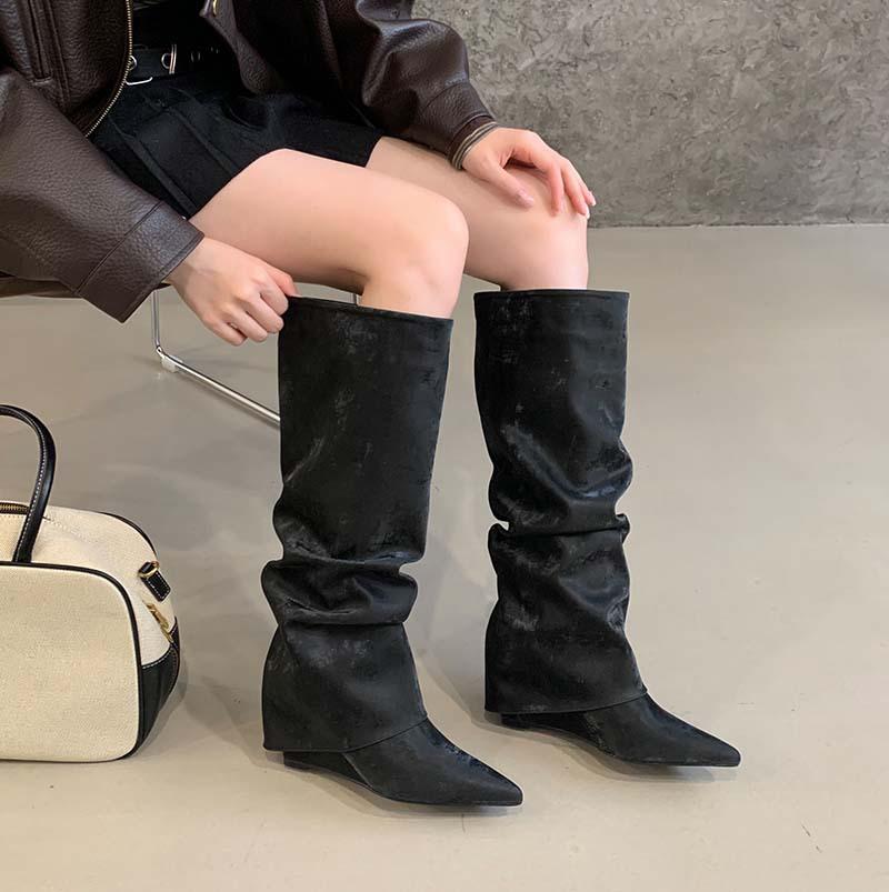 Song Xixi 2025 new pointed heel trouser tube boots pleated Spice Girl long boots high heel but knee straight high boots
