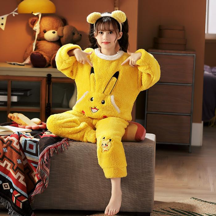 Kids Flannel Pajamas Set Boys Girls Warm Long Sleeve Top And Pants Sleepwear Winter Home Nightwear
