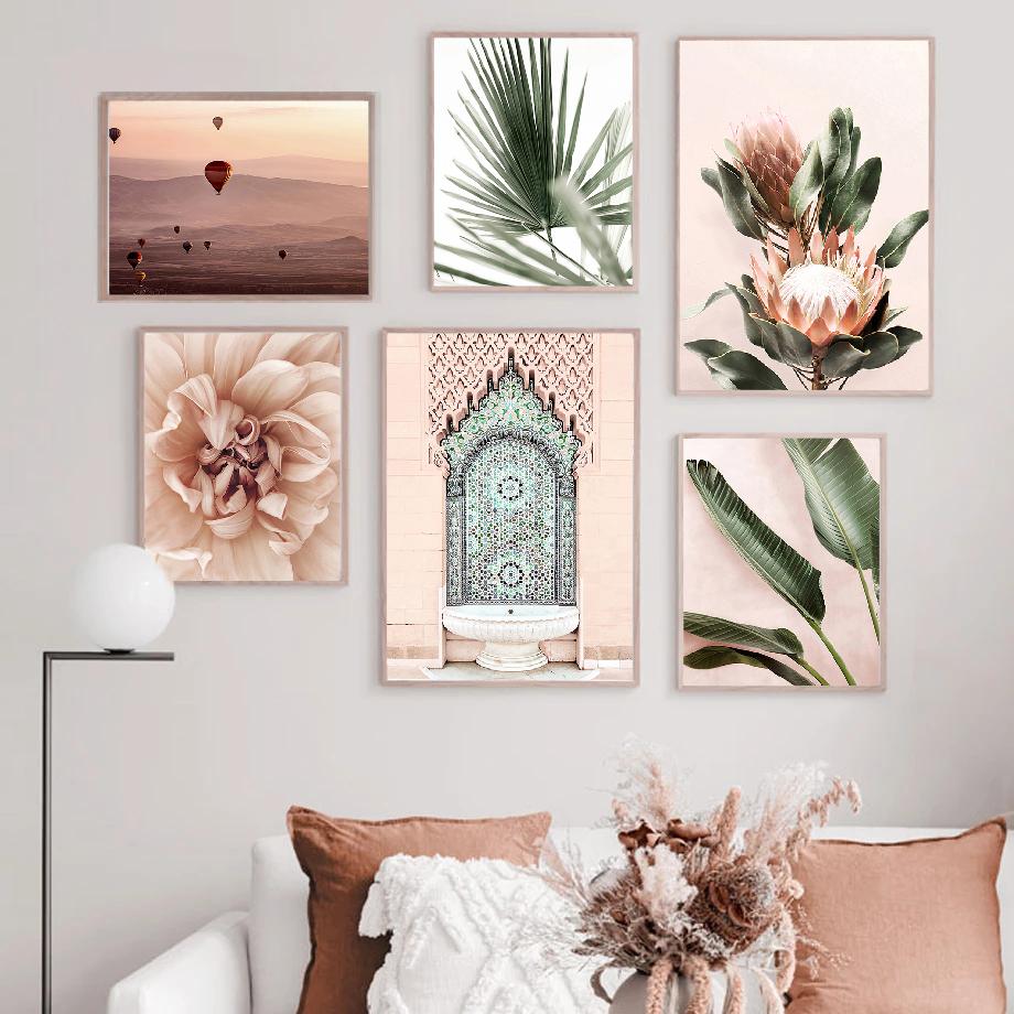 

Современный розовый стиль цветок зеленые листья Марокко холст художественный принт плакат дверь настенные художественные фотографии для декора гостиной