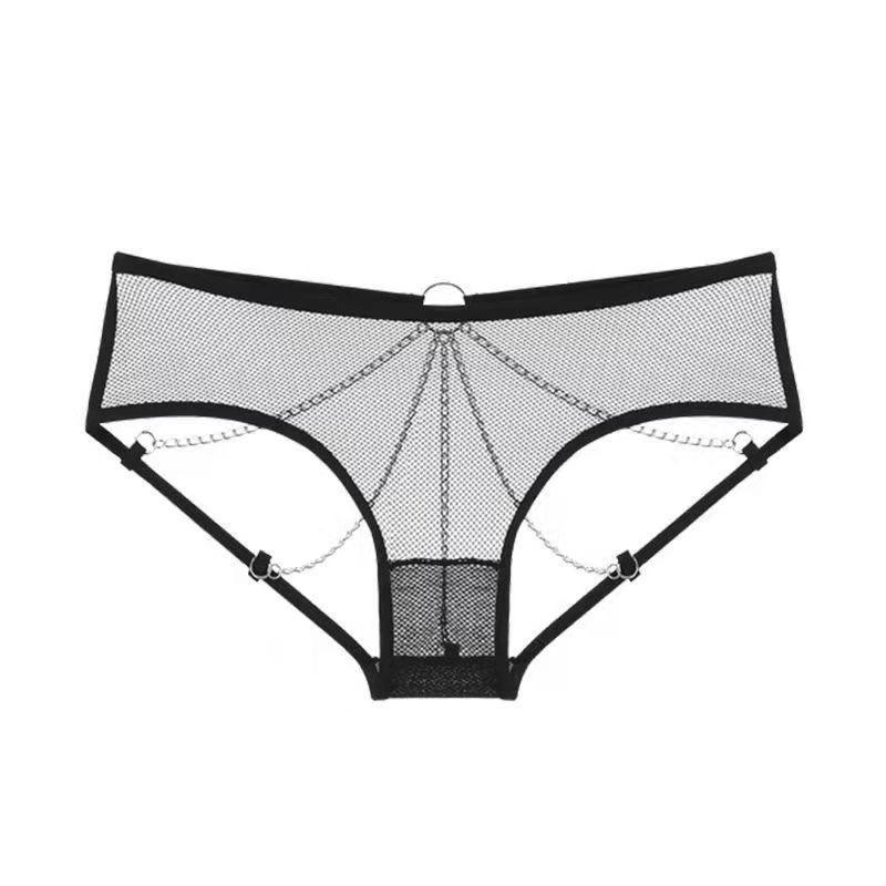 Chain Accent Open Crotch Triangle Thong Lingerie
