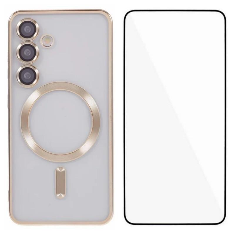 

Для Samsung Galaxy S24 FE Магнітний чохол WANLONFENG Повний захист Гальванізована TPU накладка із загартованим склом Gold