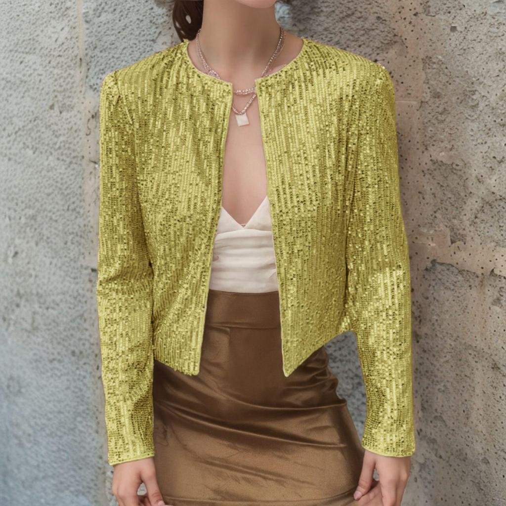 2025 Spring Women's Sequin Cardigan: Versatile Casual Solid Color, Round Neck, Long Sleeve