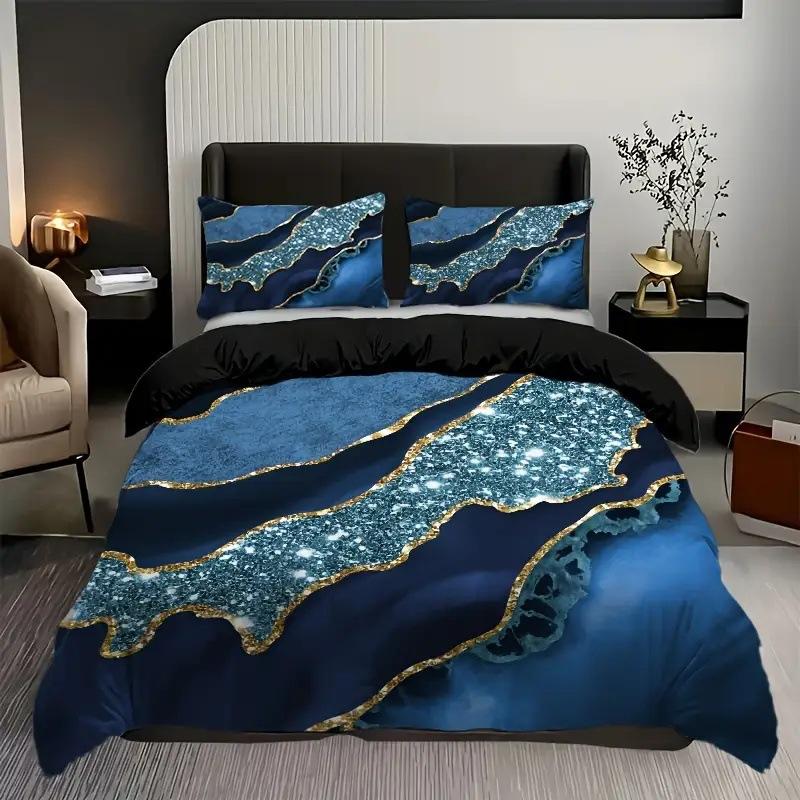 Blue Marble Textured Quilt Set Fashion 3D Digital Printing Bedding Quilt Set Three-Piece Set