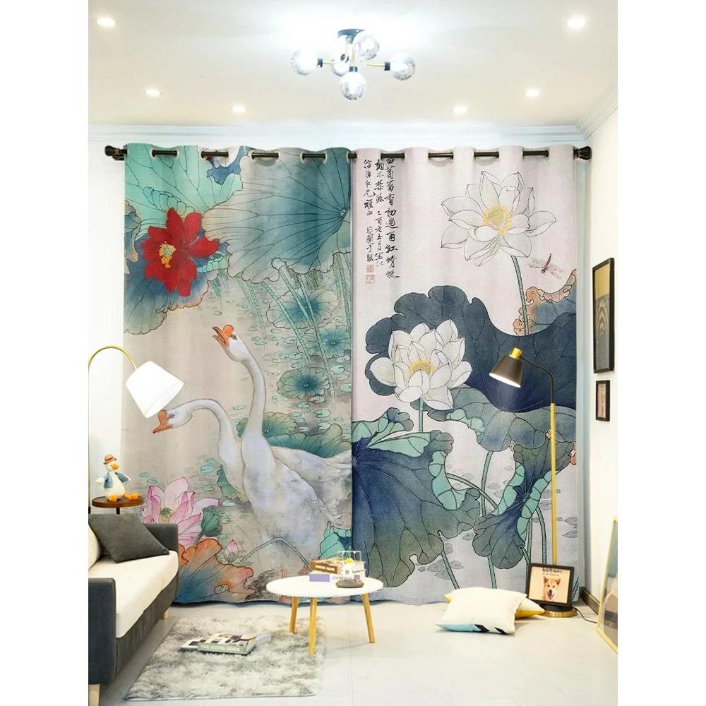 Chinese Lotus Floor-to-ceiling High Shading Curtain Bedroom Living Room Decoration Blackout Curtain Fabric Drape Lotus Style