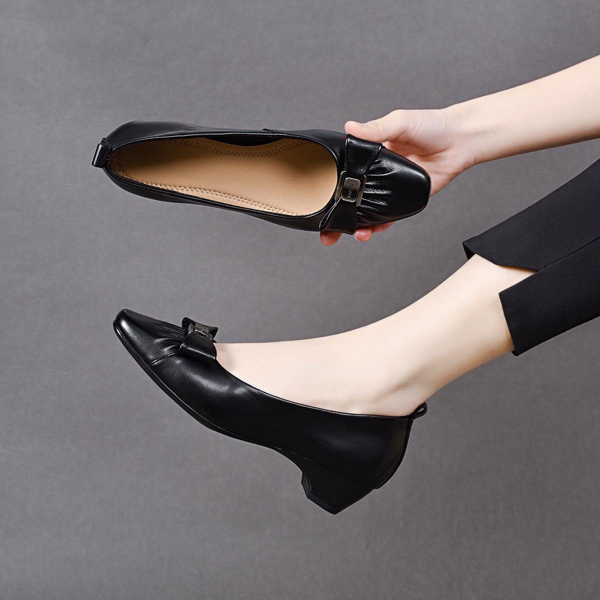 

2025 Весенние женские туфли-слипоны из овчины на низком каблуке с бантом - Корейский стиль 37 чёрный